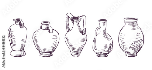 Sketch of antique different Greek amphoras collection, clay pots for wine and water, hand drawn vector illustration