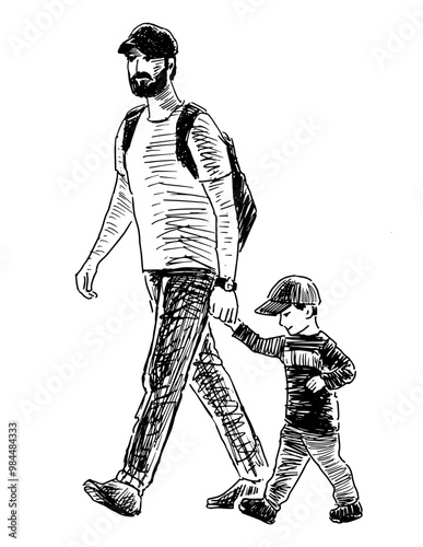 Sketch of casual bearded man in hat, parent with little child walking outdoors together, hand drawn vector illustration