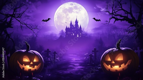 Spooky purple Halloween night background with jack-o-lanterns and fullmoon