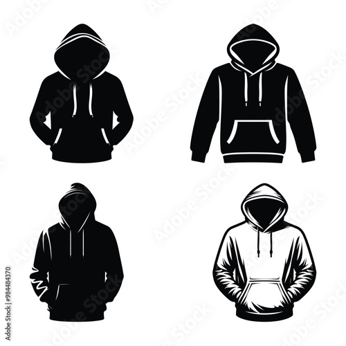 Black and White Hoodie Silhouette Vectors for Urban Fashion, Apparel Logos, and Clothing Art