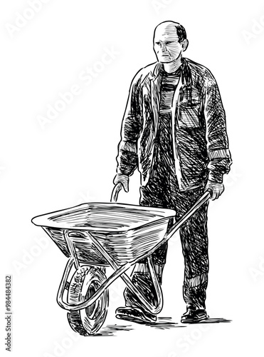Sketch of manual worker with wheelbarrow walking outdoors alone, realistic hand drawn vector illustration