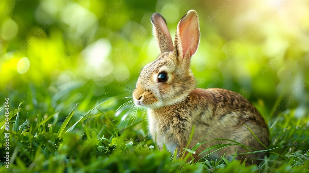 Fototapeta premium Charming Little Bunny in Grass with Ears Perked Up and Gazing Away