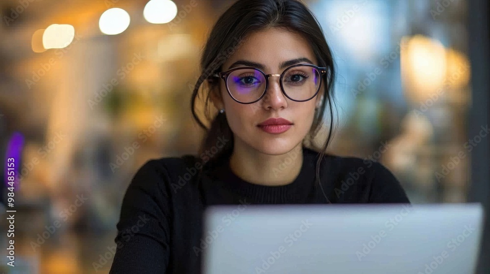 Confident Young Woman Working on Laptop in Urban City at Night Confident Young Woman Working on Laptop in Urban City at Night