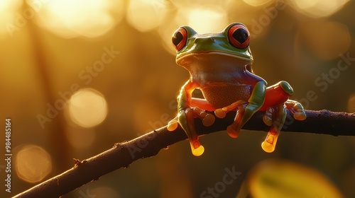   Froggie perched on a tree limb; rays filtered from behind photo