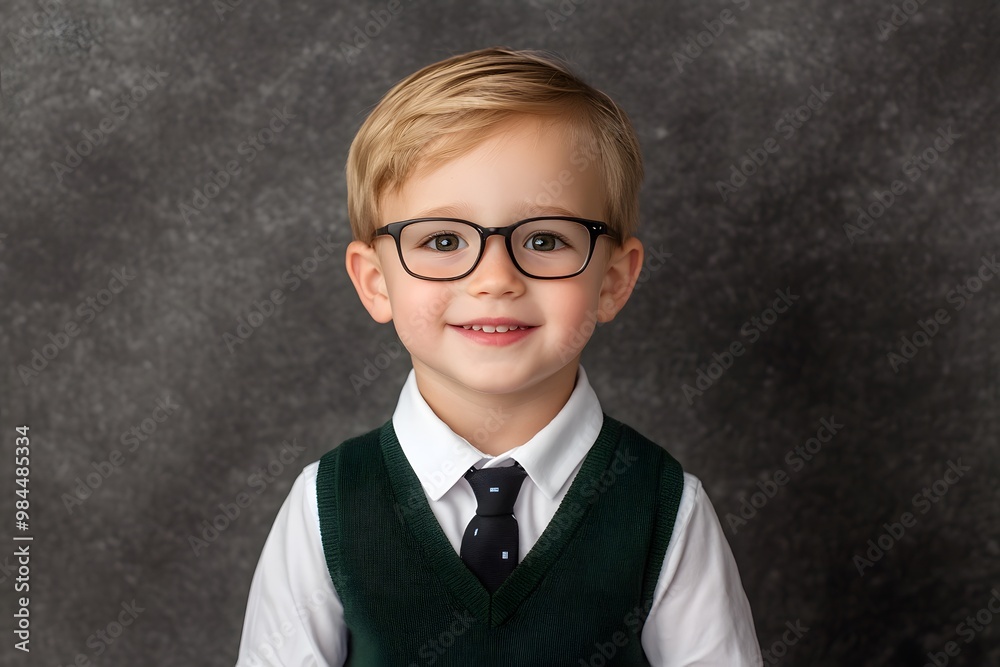 A smiling young boy with glasses wears a green vest over a white shirt and tie, posing against a textured gray background. A smiling young boy with glasses wears a green vest over a white shirt and tie, posing against a textured gray background.