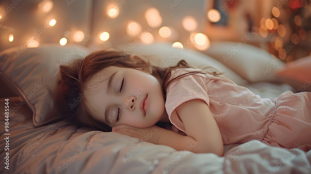 Peaceful Little Girl Sleeping on a Cozy Bed with Soft Pillows Peaceful Little Girl Sleeping on a Cozy Bed with Soft Pillows