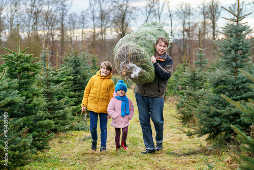 Happy family, man and two children with Christmas tree on fir tree cutting plantation. Preschool girl, kid boy and father choosing, cut and felling own xmas tree in forest, family tradition in Germany photo