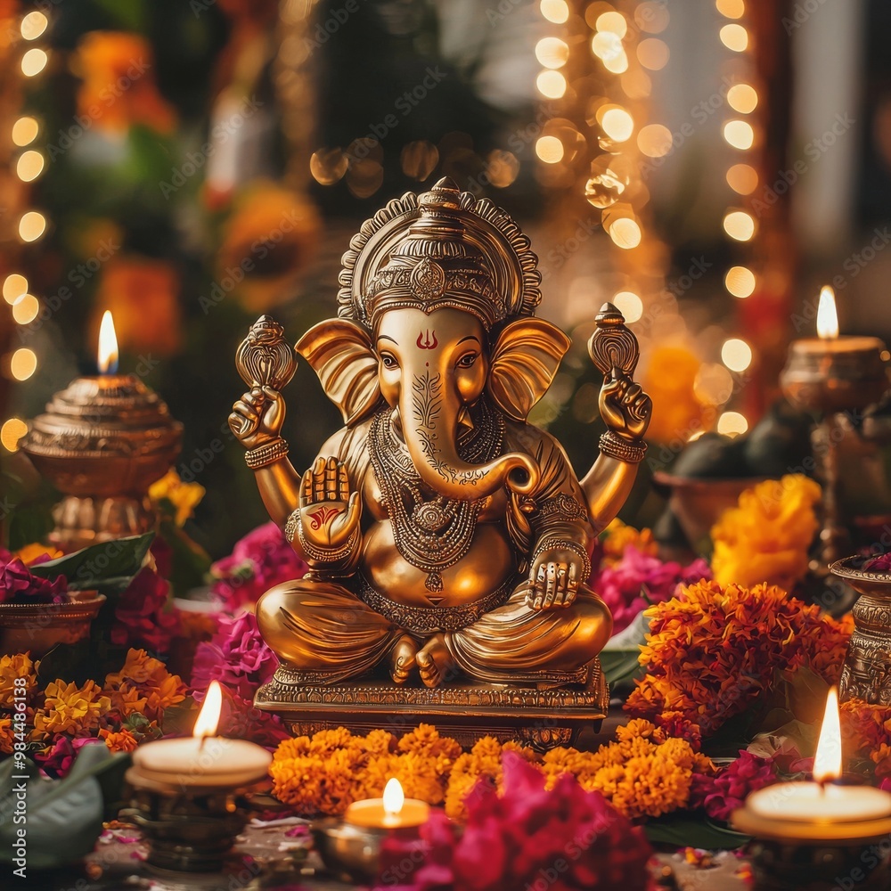 Fototapeta premium Golden Ganesha Surrounded by Festive Lights and Flowers generative ai