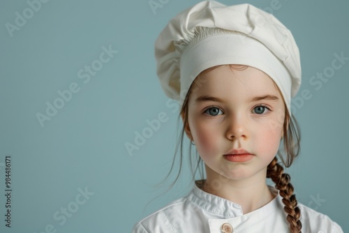 A cheerful young girl wearing a chef's uniform and hat, smiling against a bright blue background, perfect for culinary themes. photo