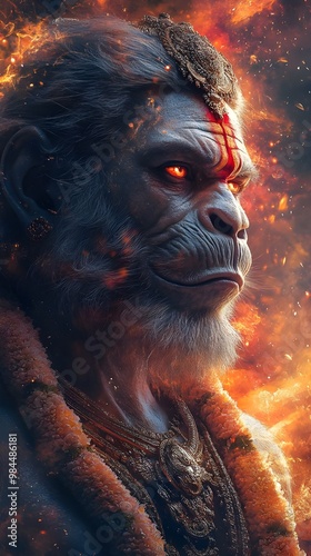 Lord Hanuman Fierce Look with Glowing Eyes | Cosmic Orange and Black Background Epic Wallpaper | Bajarangbali Hindu God Art photo