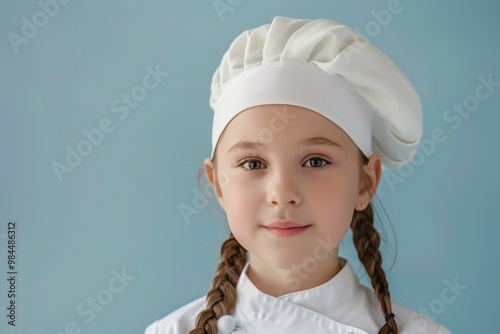 A cheerful young girl wearing a chef's uniform and hat, smiling against a bright blue background, perfect for culinary themes. photo