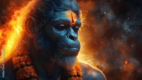 Lord Hanuman Calm Look | Cosmic Orange and Black Background Epic Wallpaper | Bajarangbali Hindu God Art photo