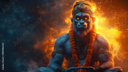 Lord Hanuman Fierce Look with Glowing Eyes | Cosmic Orange and Black Background Epic Wallpaper | Bajarangbali Hindu God Art photo