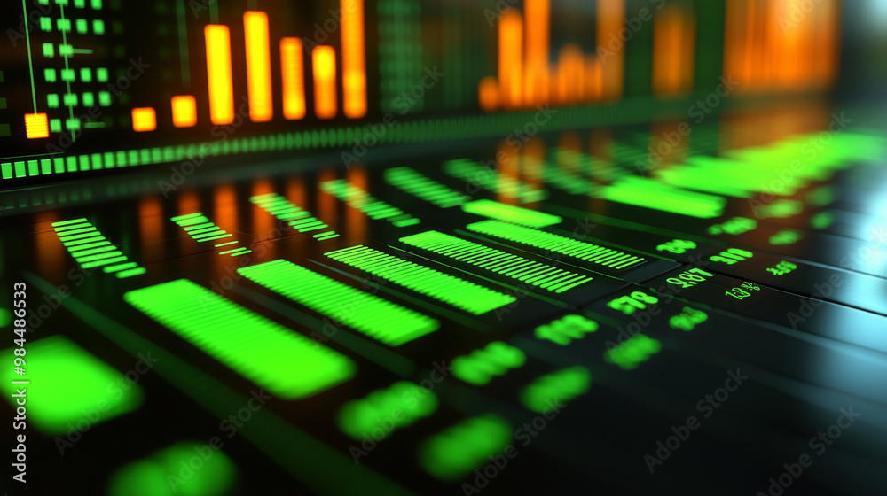 Close-up of an audio mixing board with green and orange lights. Close-up of an audio mixing board with green and orange lights.