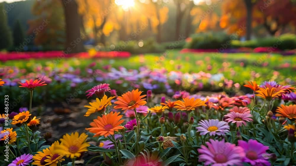 Aster flowerbeds bloom in vibrant colors during autumn sunset at the local park Aster flowerbeds bloom in vibrant colors during autumn sunset at the local park