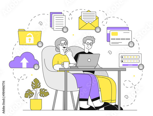 Old couple with internet security. Grandmther and grandfather with computer. Safety on internet. Protection of personal information. Linear vector illustration