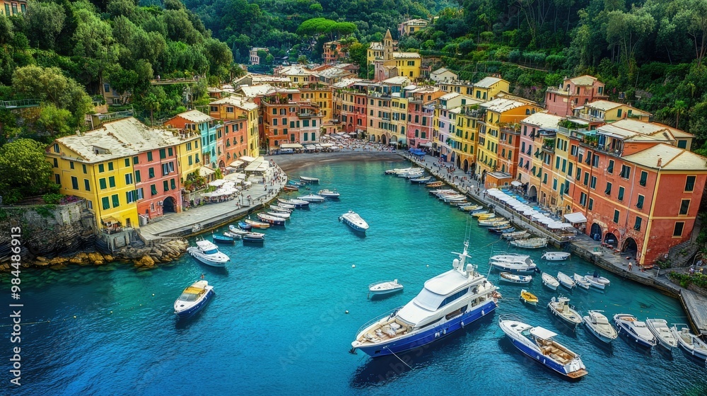 Fototapeta premium Aerial view of the picturesque harbor of Portofino, with brightly colored buildings lining the waterfront and yachts docked in the marina.