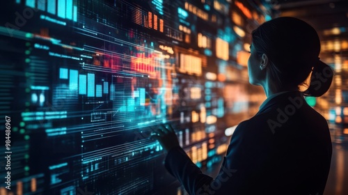 Wallpaper Mural A businesswoman analyses digital data on a futuristic interface, showcasing technology and innovation in a modern workspace. Torontodigital.ca