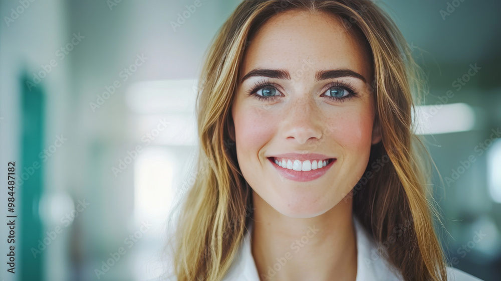 Smiling woman with blue eyes and blonde hair. Smiling woman with blue eyes and blonde hair.