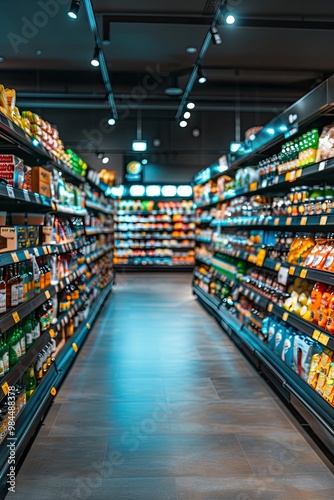 Modern Grocery Store Aisles with Variety of Products