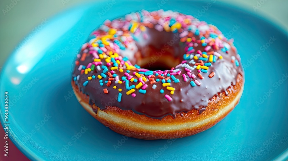 Close-up of a single donut with rich chocolate glaze and rainbow sprinkles, resting on a vibrant blue plate, shot with soft lighting. Close-up of a single donut with rich chocolate glaze and rainbow sprinkles, resting on a vibrant blue plate, shot with soft lighting.