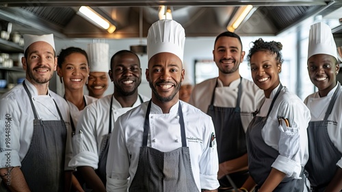 Smiling Team of Diverse Waitstaff at a Modern Restaurant