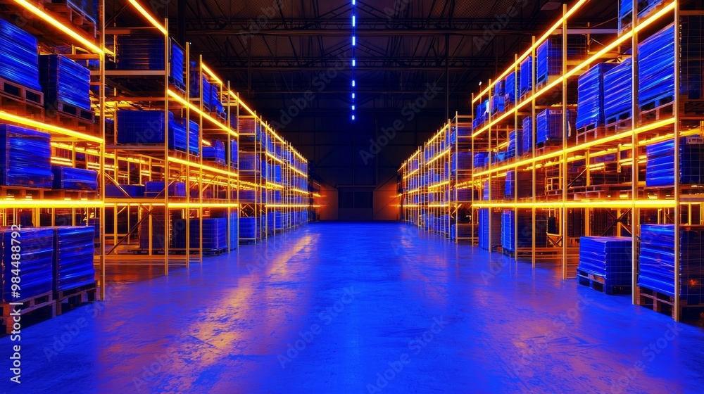 The interior of a futuristic warehouse features illuminated storage racks and digital interfaces The interior of a futuristic warehouse features illuminated storage racks and digital interfaces