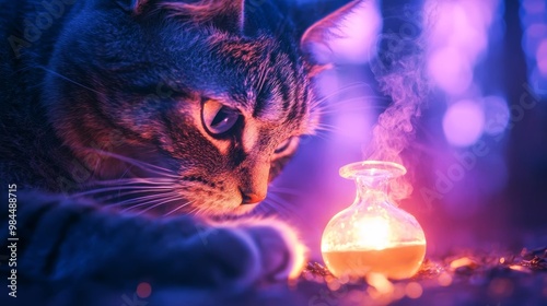 Cat in witch outfit brewing a potion in an enchanted forest, animal witch, cat conjuring magical brew in moonlit woodland photo