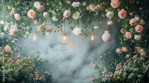 Floral Background with Lanterns and Soft Lighting