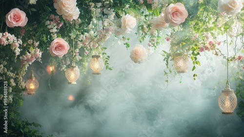 Elegant Floral Arrangement with Lanterns and Mist
