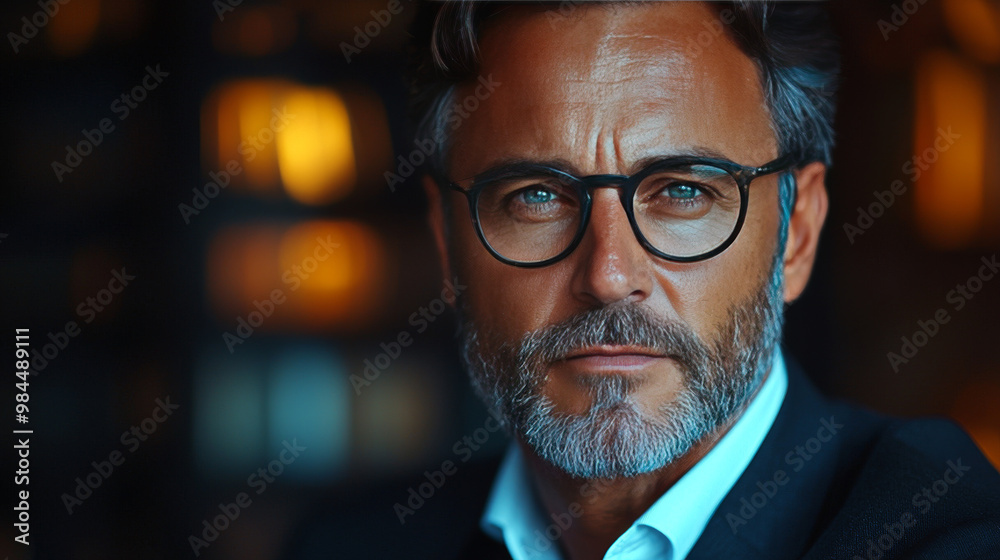 Close-up portrait of a man in glasses, looking directly at the camera. Close-up portrait of a man in glasses, looking directly at the camera.