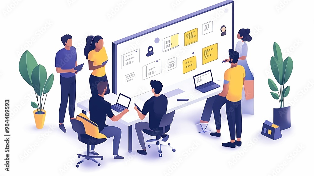 Illustration of a diverse team working together in a modern office, brainstorming ideas on a large whiteboard with laptops and notes. Illustration of a diverse team working together in a modern office, brainstorming ideas on a large whiteboard with laptops and notes.