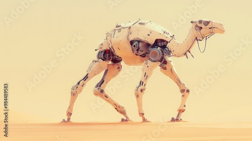 Camel robot walking slowly across a pastel beige background, with mechanical humps visible. photo