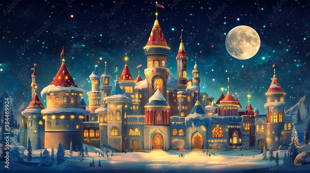 Obraz premium The medieval castle with snow, game background, Illustration