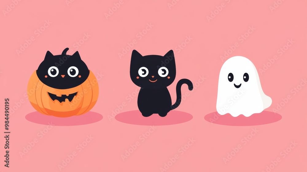 Two-dimensional illustration of a black cat, an enthusiastic jack-o-lantern, and a cute ghost. Scary and festive Halloween image. Bright and colorful. Two-dimensional illustration of a black cat, an enthusiastic jack-o-lantern, and a cute ghost. Scary and festive Halloween image. Bright and colorful.