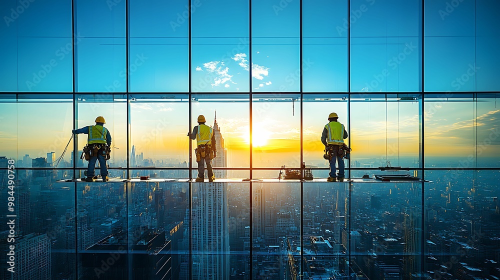 Three construction workers on suspended platforms cleaning windows of a skyscraper at sunrise, overlooking a city skyline. Three construction workers on suspended platforms cleaning windows of a skyscraper at sunrise, overlooking a city skyline.