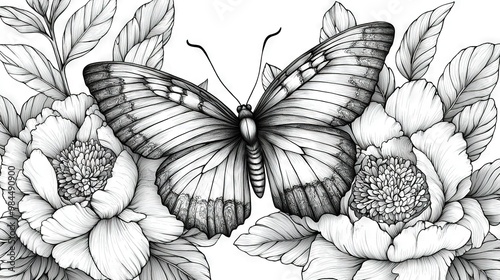 Wallpaper Mural   Black-and-white butterfly drawing on flower with open wings Torontodigital.ca