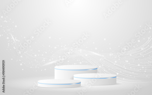 White podium with elegant white wave lines on the back for product presentation. Display of cosmetic products. Stage or podium. vector illustration	