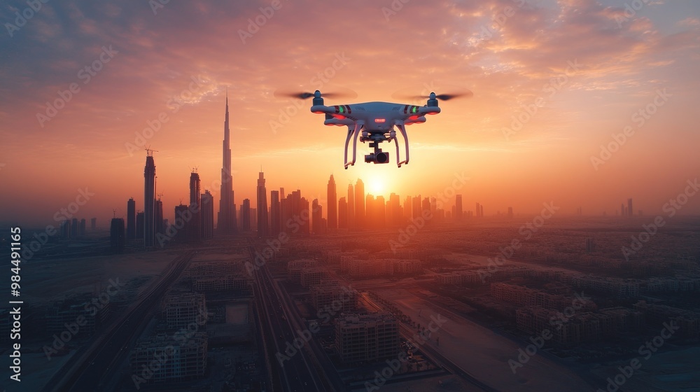 A drone flies over a city skyline at sunset. A drone flies over a city skyline at sunset.
