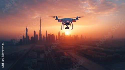 A drone flies over a city skyline at sunset.