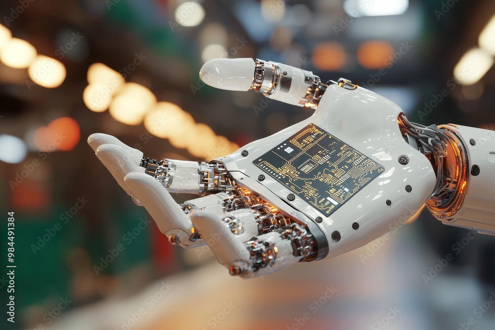In a hightech world, glowing circuit patterns and data streams flow around a futuristic robotic arm interacting with a holographic interface In a hightech world, glowing circuit patterns and data streams flow around a futuristic robotic arm interacting with a holographic interface