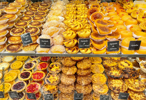 Many cakes, Pastei de Nata, in a bakery in Lisbon, Portugal