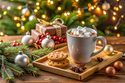 Cup of hot chocolate with marshmallow and cookies, christmas ornaments and gift on wooden tray against stylish christmas tree with lights.