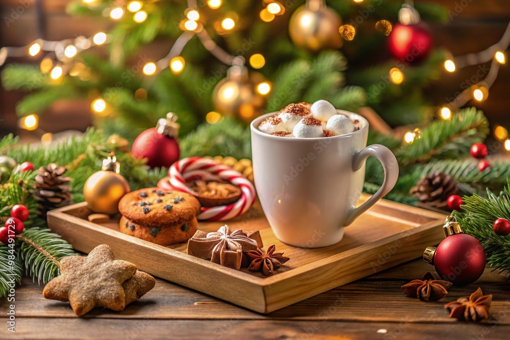 Fototapeta premium Cup of hot chocolate with marshmallow and cookies, christmas ornaments and gift on wooden tray against stylish christmas tree with lights.