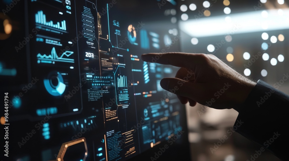 It looks like a futuristic glowing screen interface with data visualizations, and a hand reaches out to touch it. It looks like a futuristic glowing screen interface with data visualizations, and a hand reaches out to touch it.