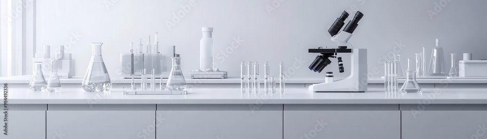 A modern laboratory workspace featuring a microscope, glassware, and scientific equipment arranged neatly on a clean surface. A modern laboratory workspace featuring a microscope, glassware, and scientific equipment arranged neatly on a clean surface.