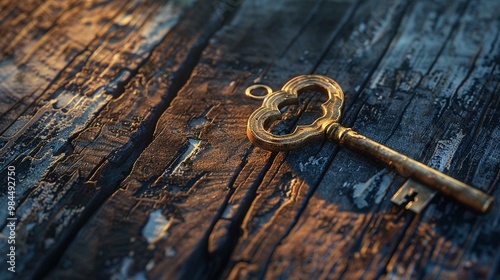   A key resting atop wooden furniture near a circular door lock shaped like a love symbol photo