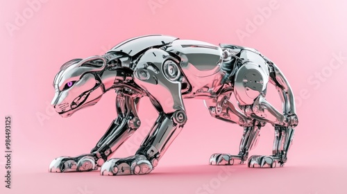 Robot jaguar stalking across a pastel pink background, sleek metallic body crouched low. photo