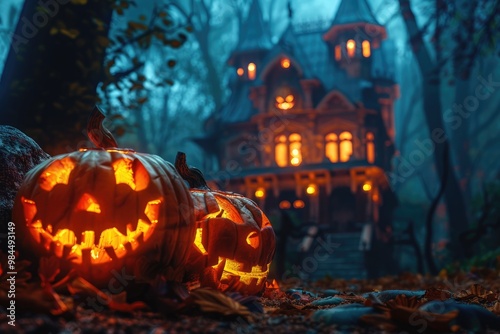 Illuminated Jack-O'-Lantern in Front of a Haunted House with a Mystical Forest Background