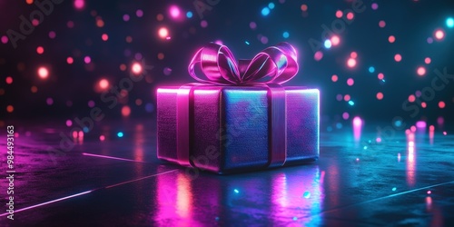 Colorful Neon Gift Box with Ribbon and Sparkling Background